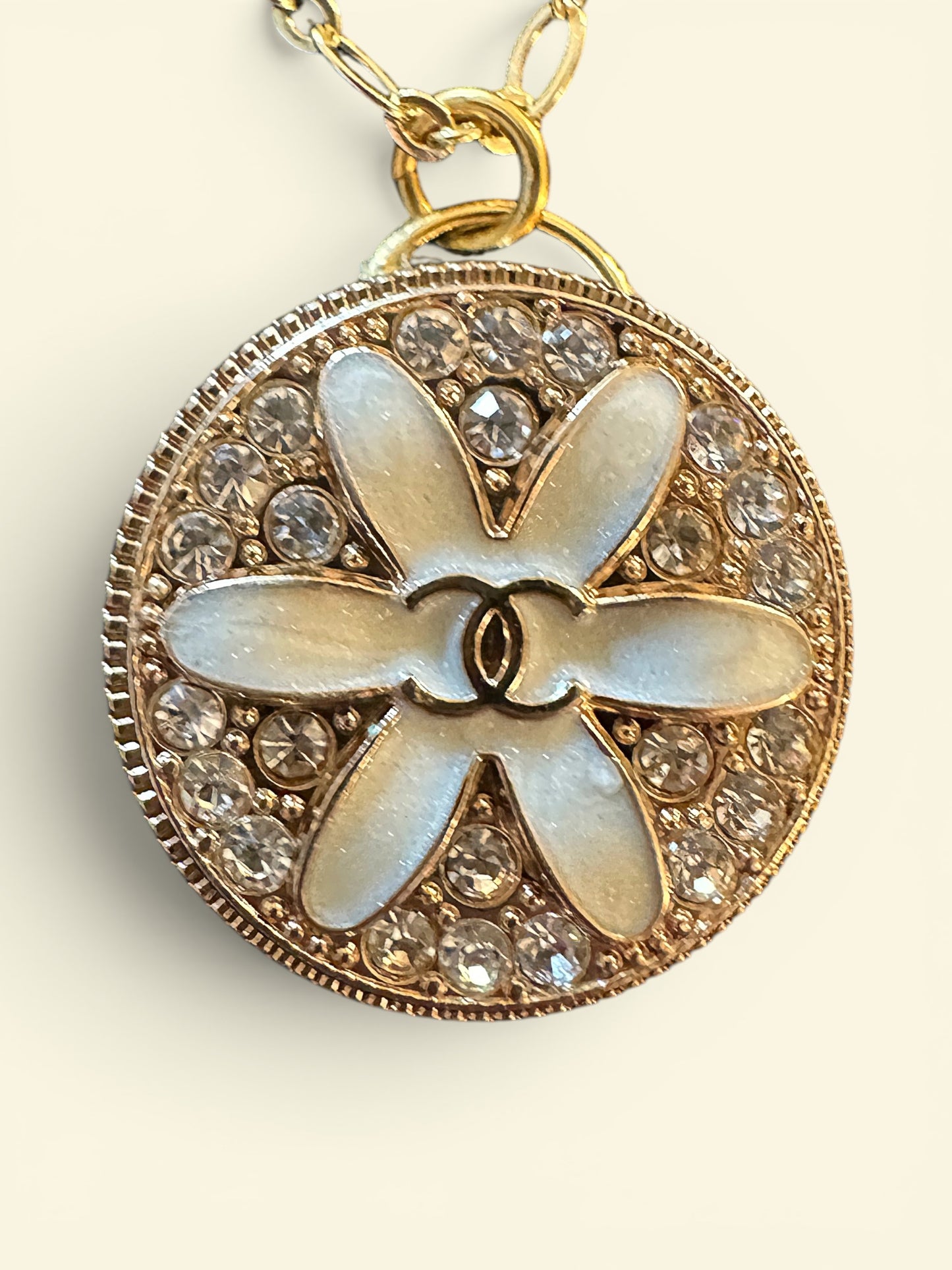Vintage Designer Up-Cycled Rhinestone and Gold Chanel Button Necklace