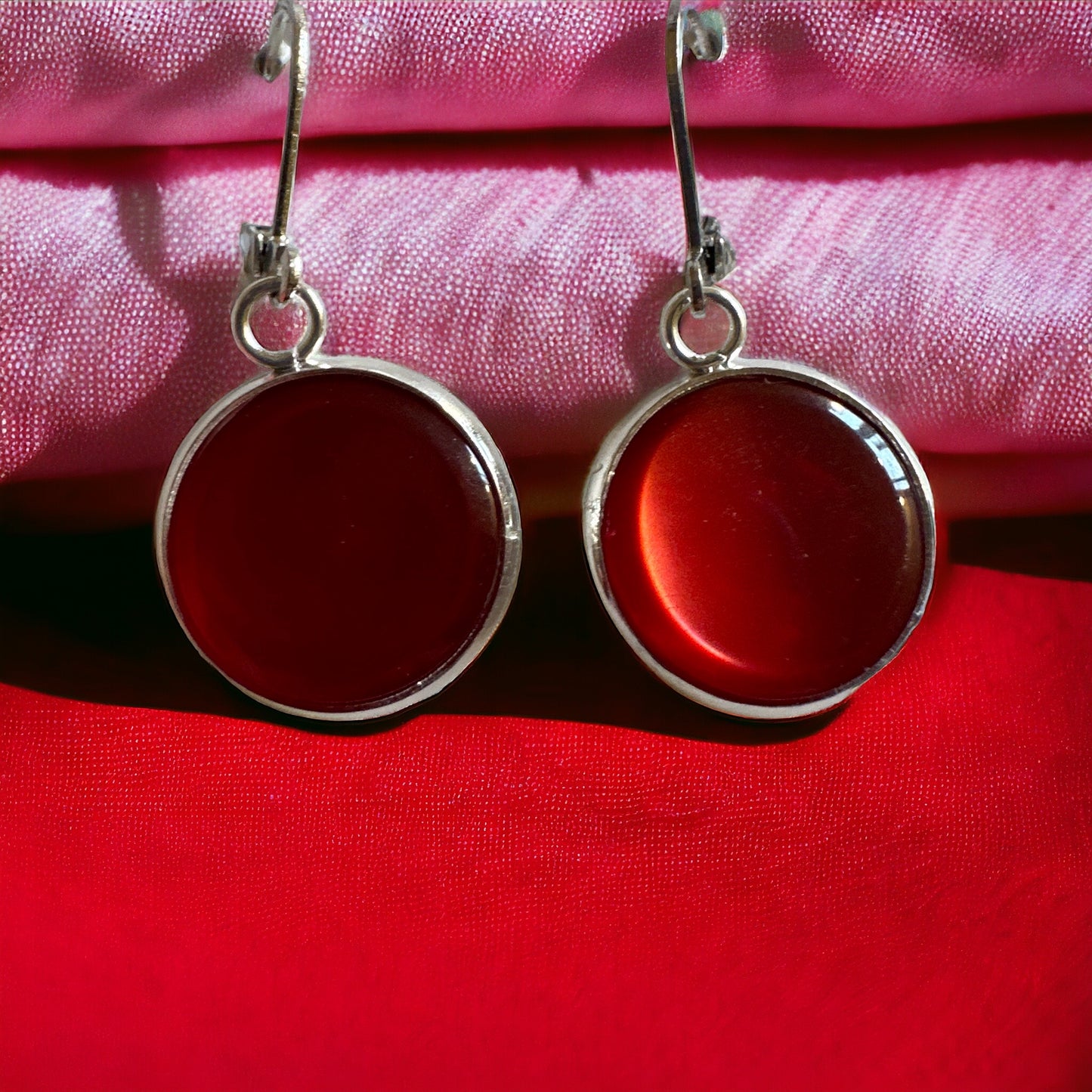 Cherry Red Up-cycled Frenchback Button Statement Earrings