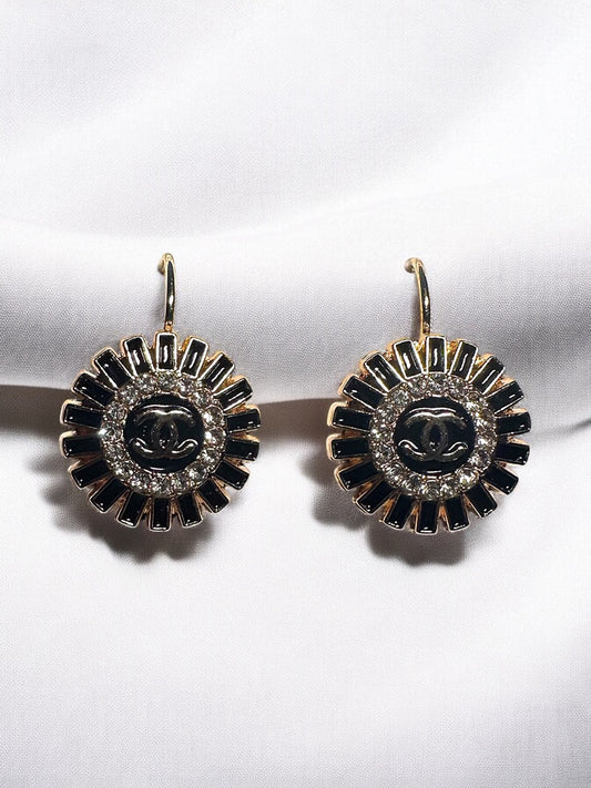 Vintage Designer Up-Cycled Black and Gold Rhinestone Leverback Chanel Button Earrings