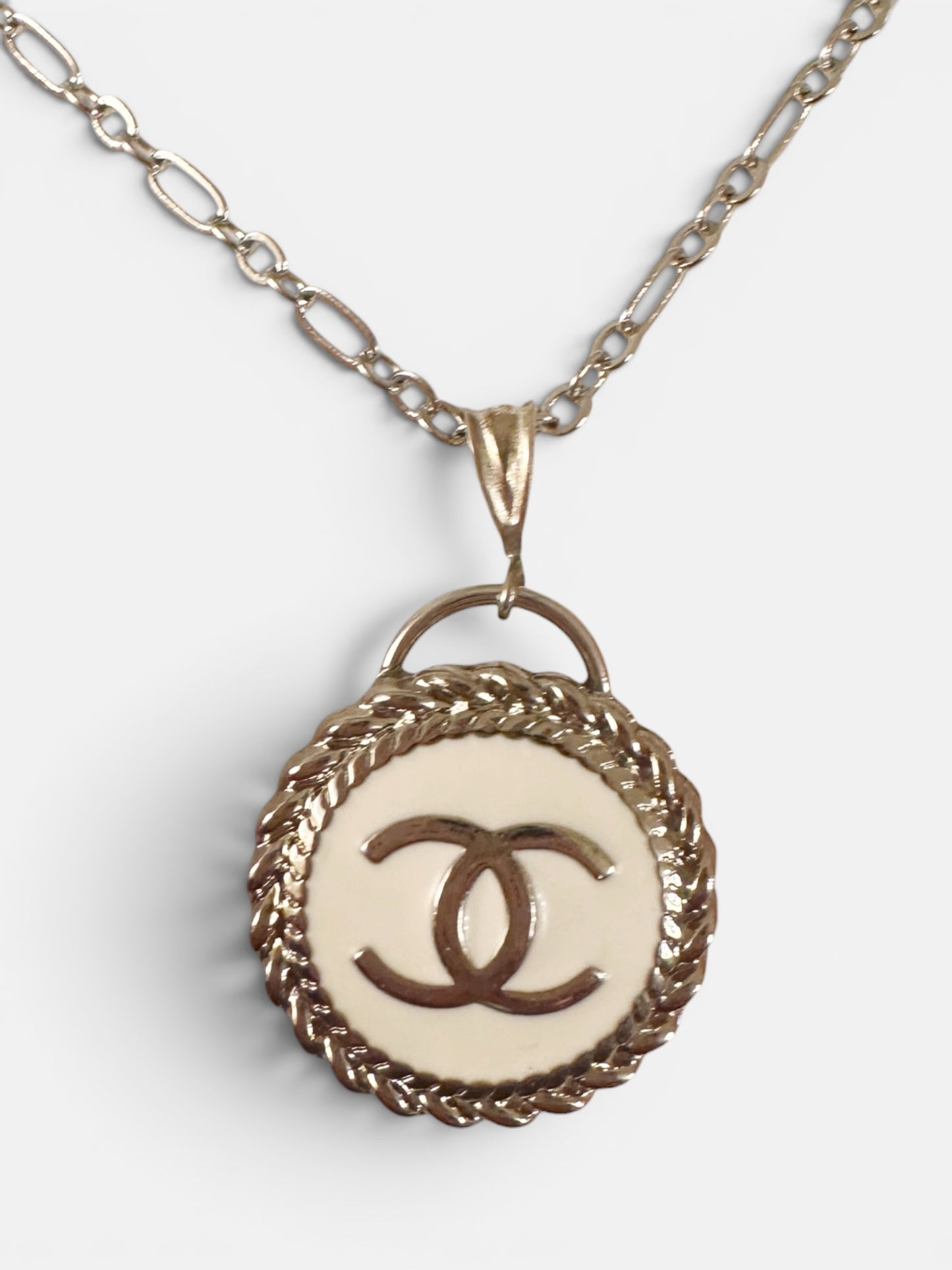 Chanel Classic White & Silver Button Pendant (with or without chain)