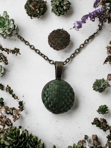 Dark Green Patterned Vintage Couch Button Necklaces