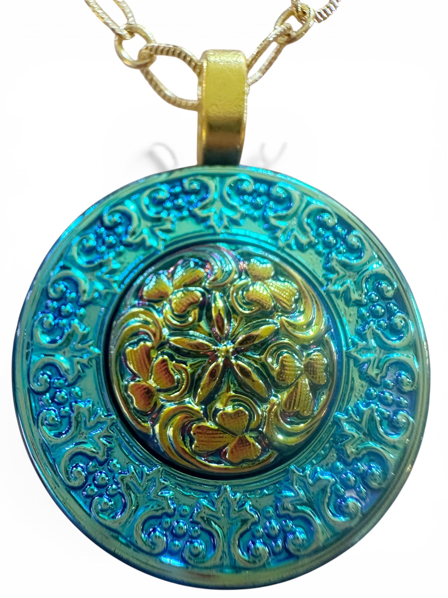 "Flower Magic" - Turquoise and Gold Czech Glass Button Necklace