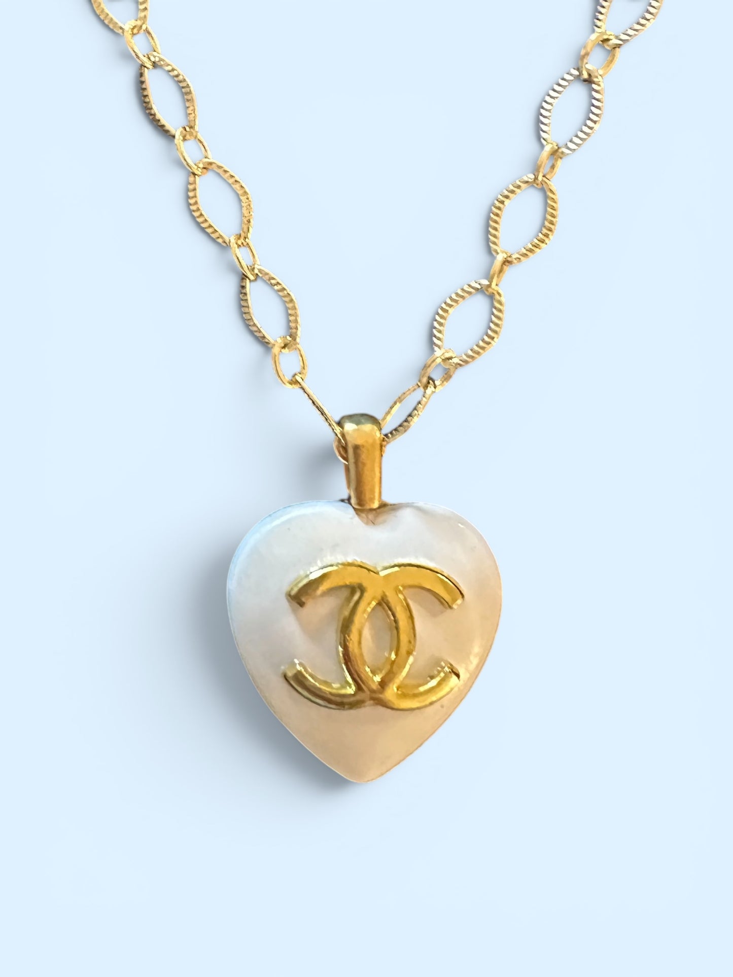 Luxury Designer Heart Shaped Button Necklace Ivory and Gold w Gold Filled Chain.