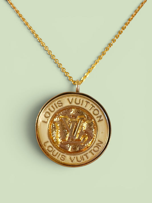 Vintage Designer Up-Cycled Gold and Ivory Button Necklace with Delicate Gold-Filled Chain