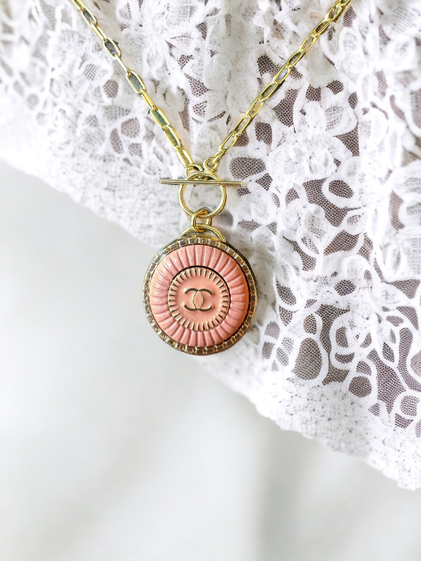 Luxury Designer Button Necklace Salmon and Gold w Gold Filled Chain. 2 variations available