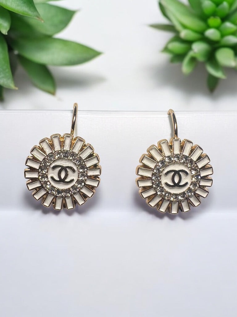 Vintage Designer Up-Cycled White and Gold Rhinestone Leverback Chanel Button Earrings