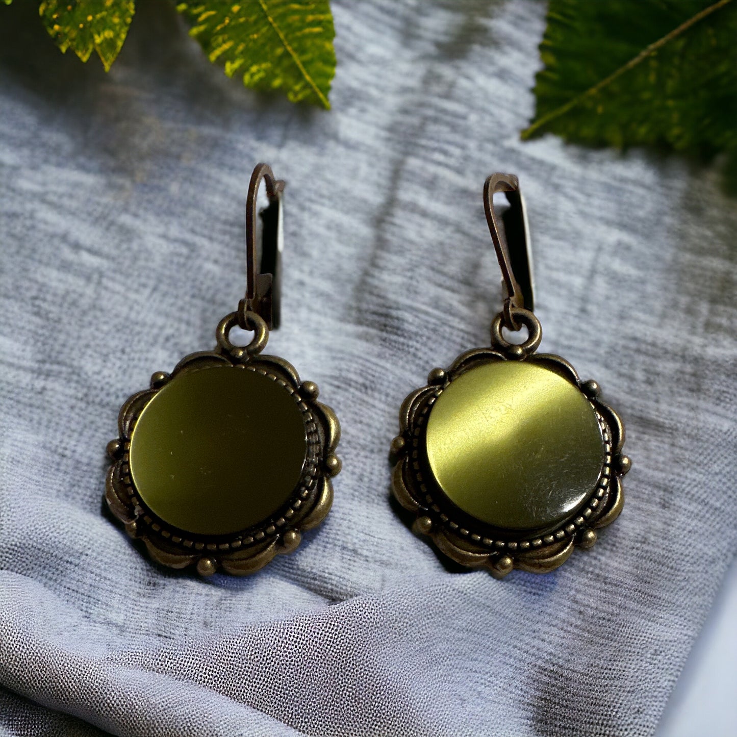 Olive Green Handcrafted, Bronzed Vintage Button Earrings