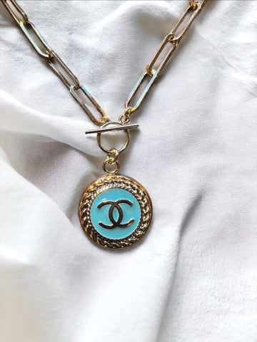 Luxury Designer Button Necklace Aqua and Gold w Gold Filled Chain.