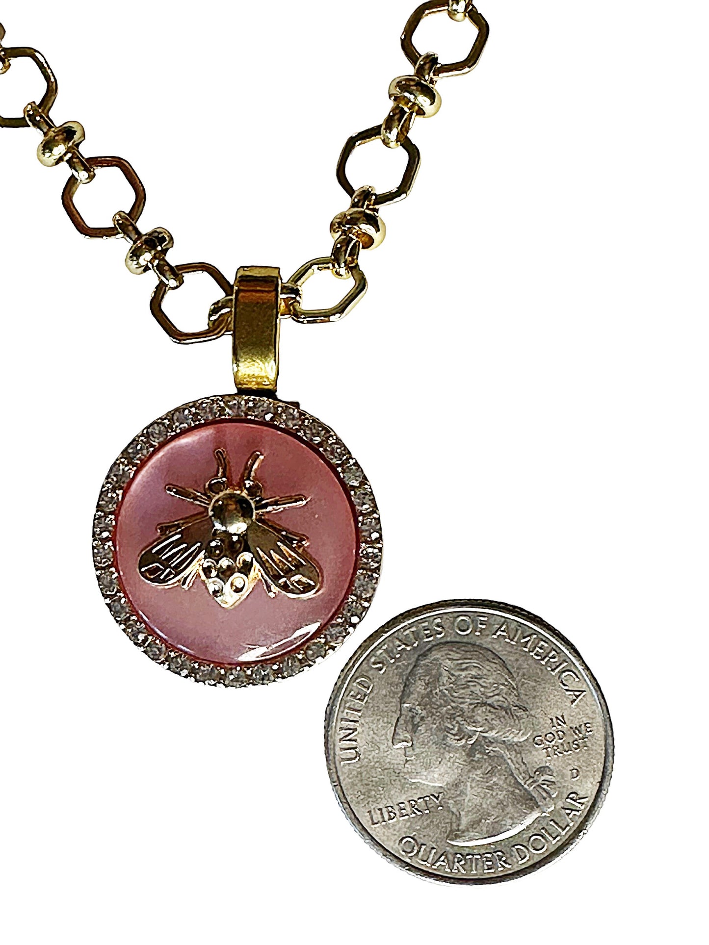 Vintage Designer Up-Cycled Pink Bee Button Necklace