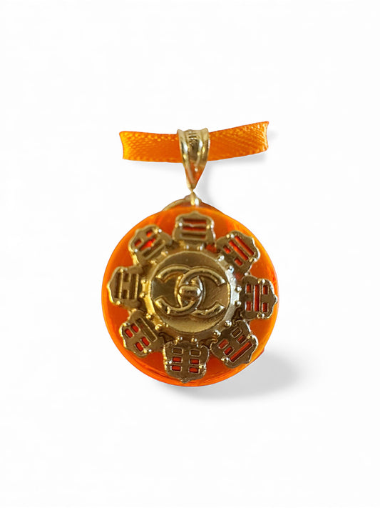 Chanel Bright Orange & Gold Button Pendant (with or without chain)