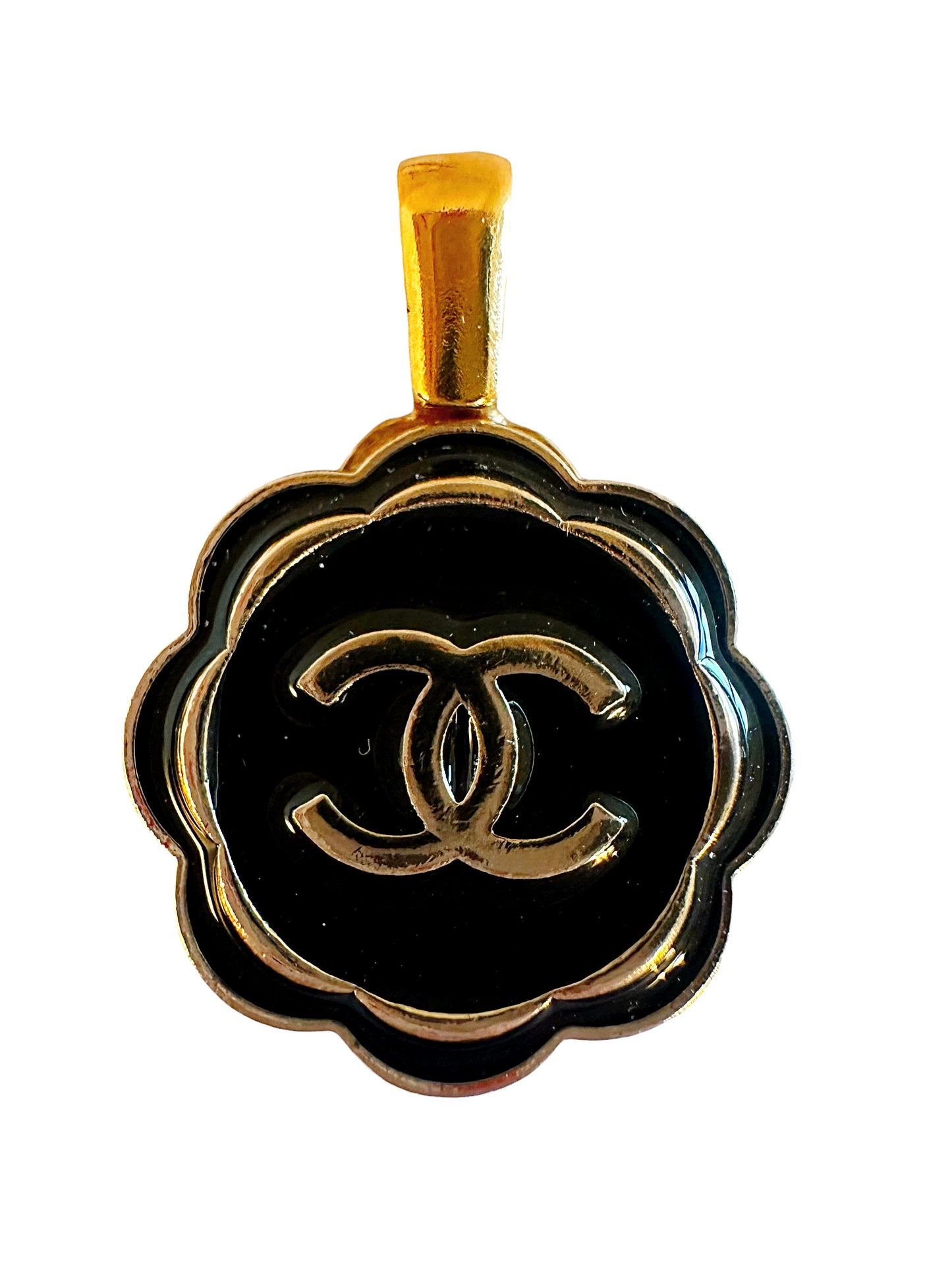 Chanel Small Black & Gold Scallop Button Pendant (with or without chain)