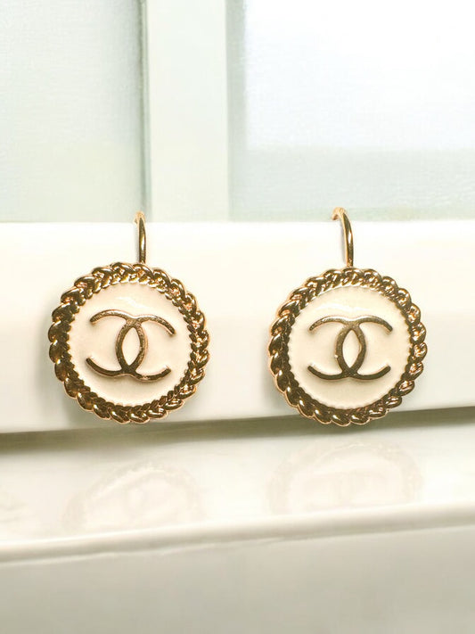 Vintage Designer Up-Cycled White and Gold Chanel Lever-back Button Earrings