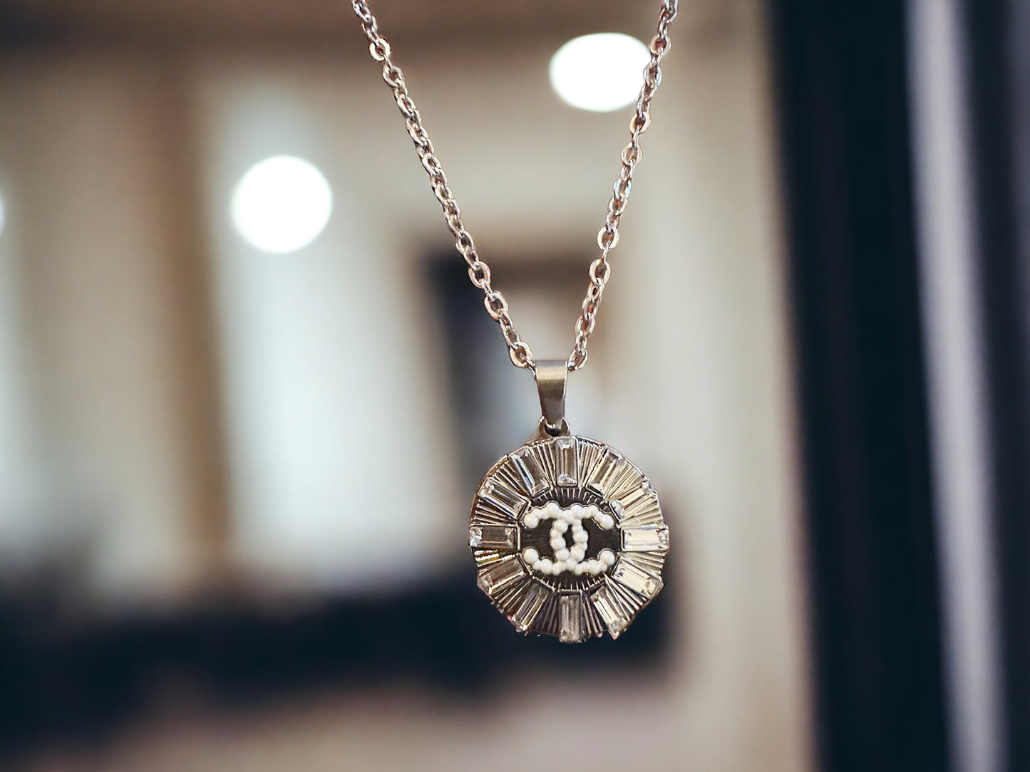 Luxury Designer Button Necklace w/ Sterling Silver Chain.