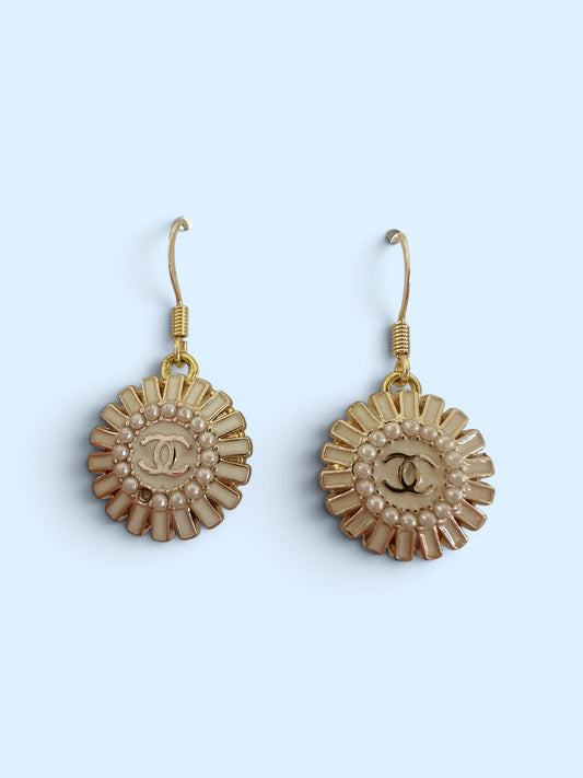 CLEARANCE - Vintage Designer Up-Cycled White and Gold Pearl Chanel Button Earrings