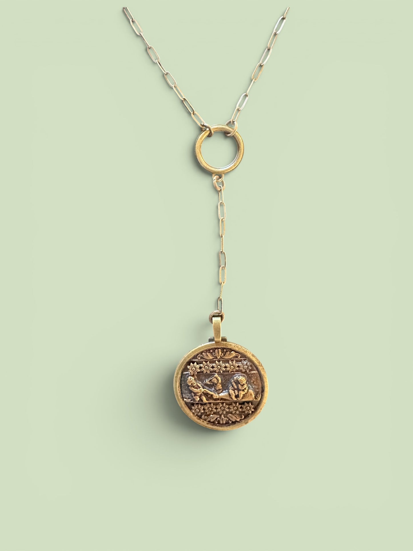 "Boys in a Boat" Pendulum Picture Button Necklace - Victorian Era