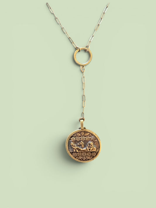 "Boys in a Boat" Pendulum Picture Button Necklace - Victorian Era