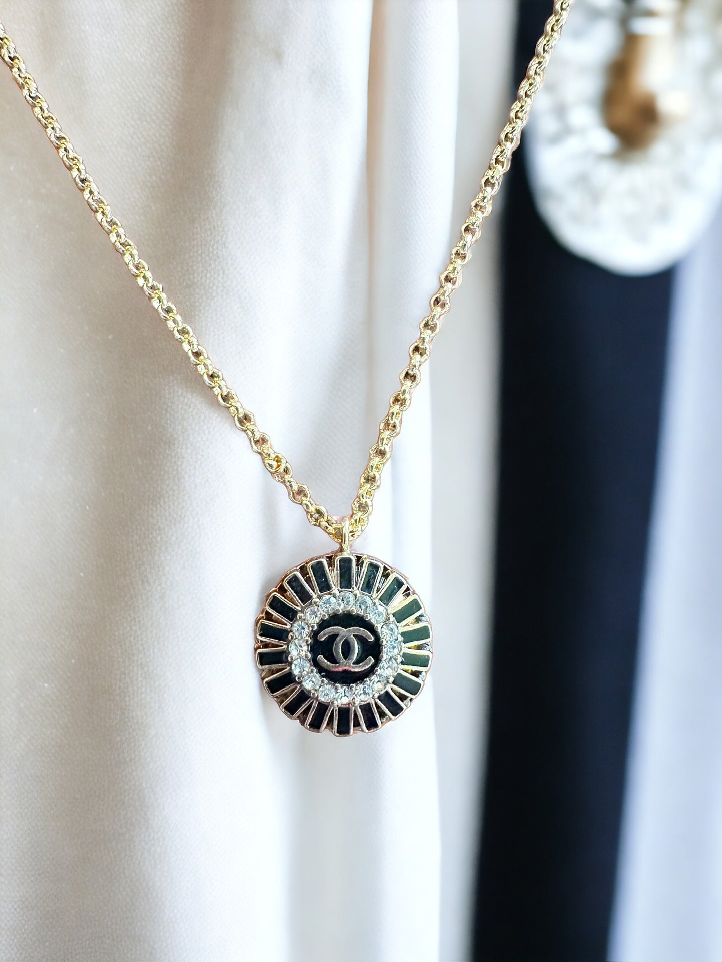 Luxury Designer Black Rhinestone Button Necklace w Gold Filled Chain