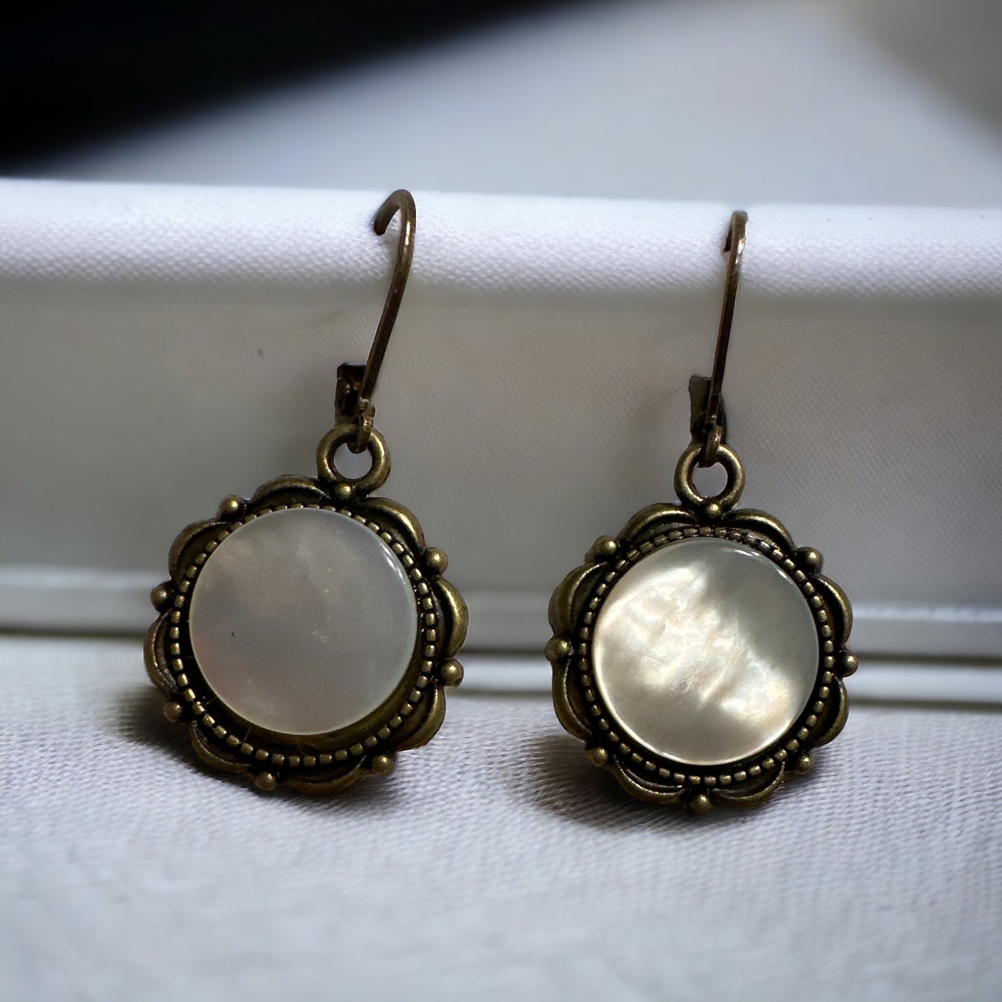 Iridescent Ivory Handcrafted, Bronzed Vintage Button Earrings