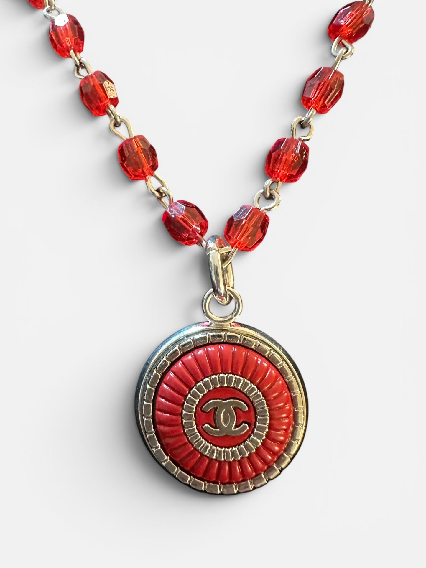 Chanel Red & Silver Button Pendant with Red Rosary Chain
