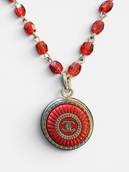 Chanel Red & Silver Button Pendant with Red Rosary Chain