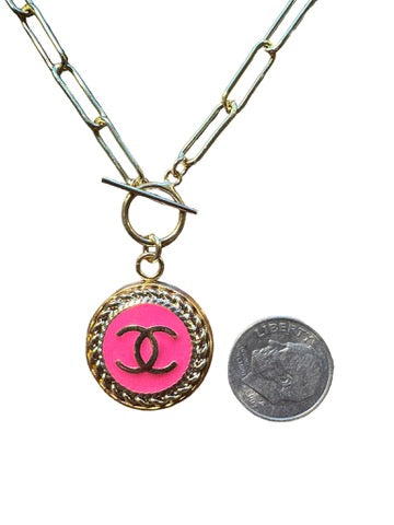 Luxury Designer Button Necklace Hot Pink and Gold w Gold Filled Chain.