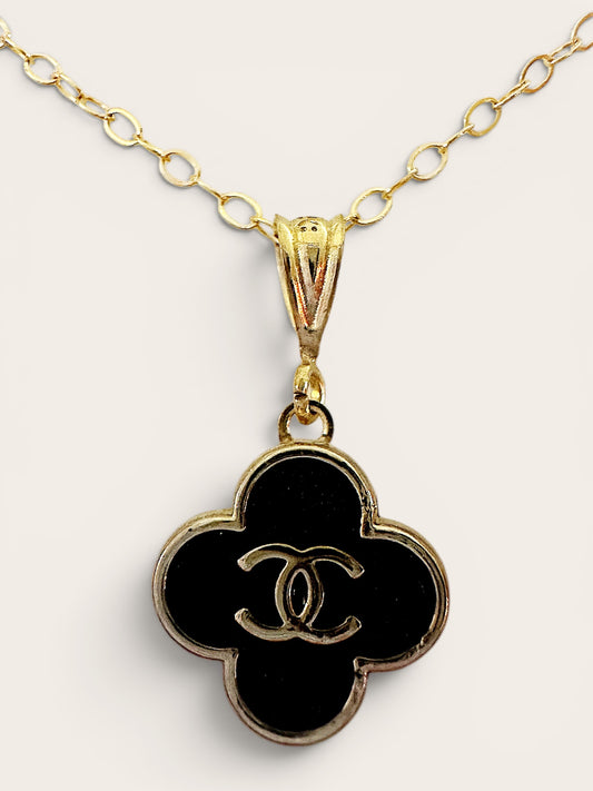 Vintage Designer Up-Cycled black and Gold Chanel Fleur Button Necklace