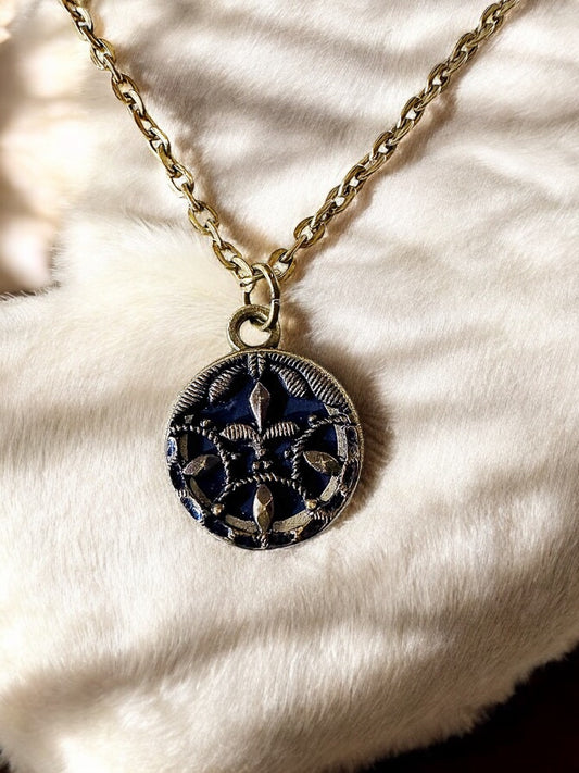 Victorian Era - Perfume Button Necklace, Navy Blue Crest