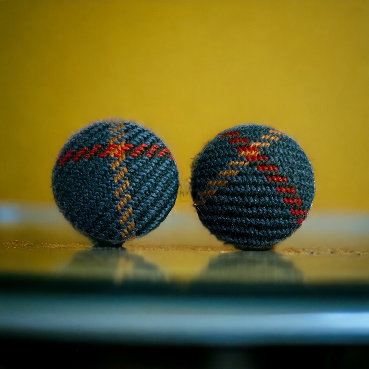 Turquoise Striped Fuzzy Fun Vintage Couch Button Earrings