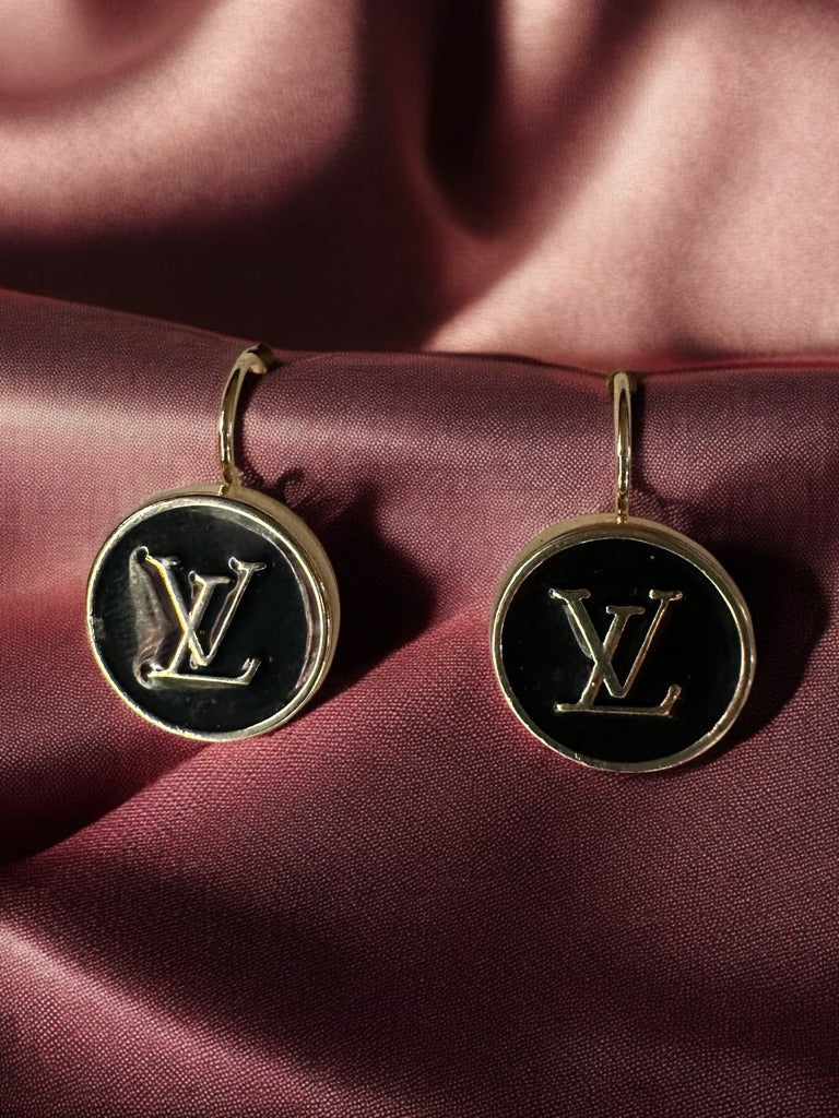 Vintage Designer Up-Cycled leverback LV Black and Gold Button Earrings