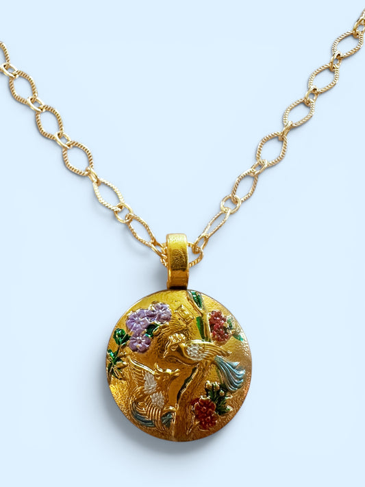 "Birds of Paradise" - Gold Czech Glass Button Necklace