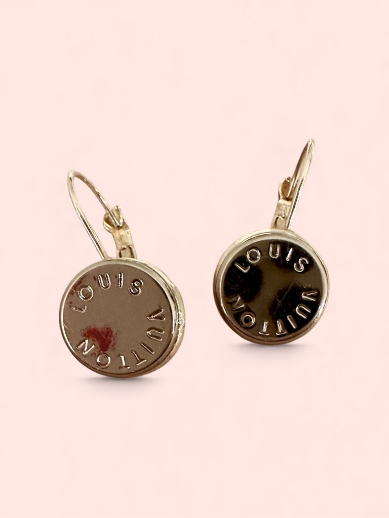 Vintage Designer Up-Cycled LV lever-back Silver Button Earrings