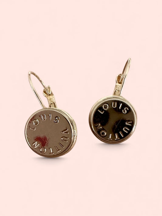 Vintage Designer Up-Cycled LV lever-back Silver Button Earrings