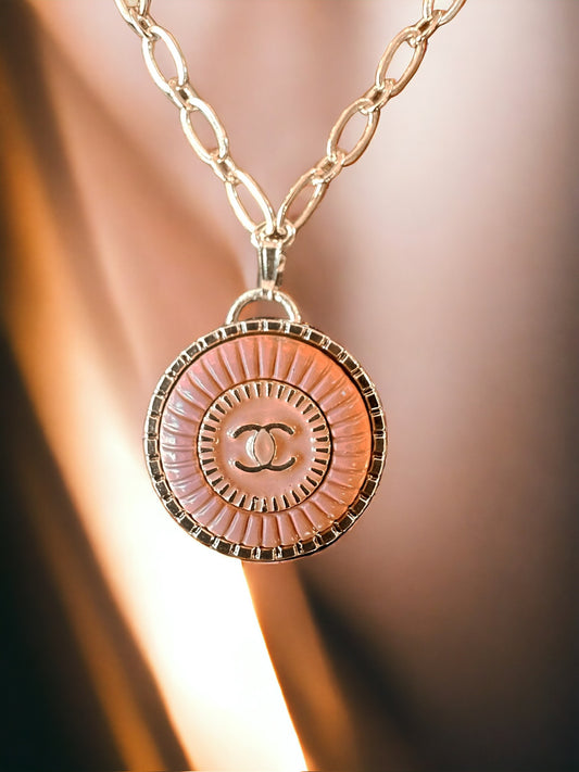 Luxury Designer Button Necklace Salmon and Gold w Gold Filled Chain. 2 variations available