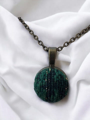 Dark Green, Black, and Gold Fuzzy Fun Vintage Couch Button Necklaces