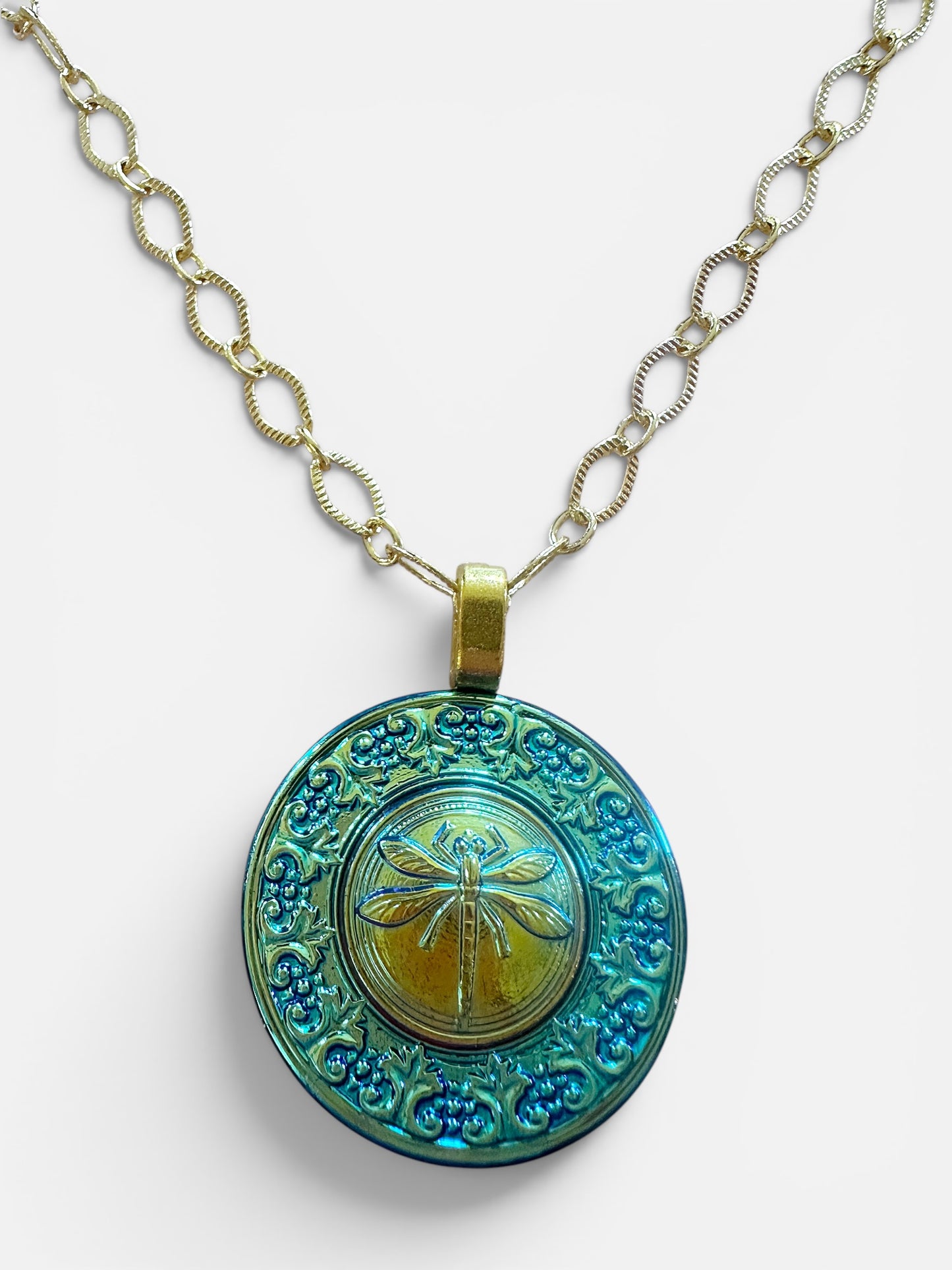 "Dragonfly Magic" - Turquoise and Gold Czech Glass Button Necklace