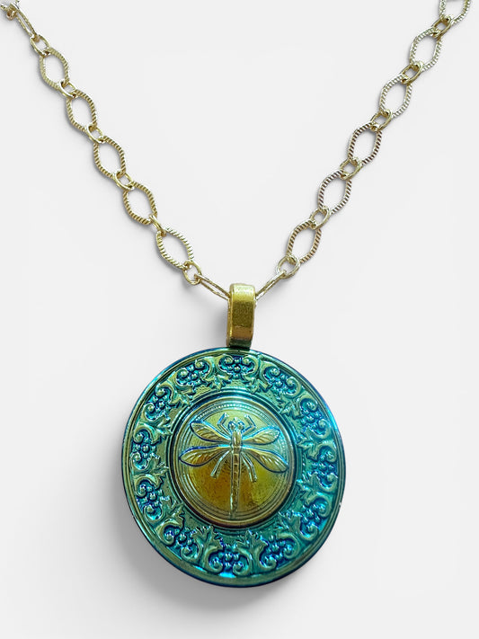 "Dragonfly Magic" - Turquoise and Gold Czech Glass Button Necklace