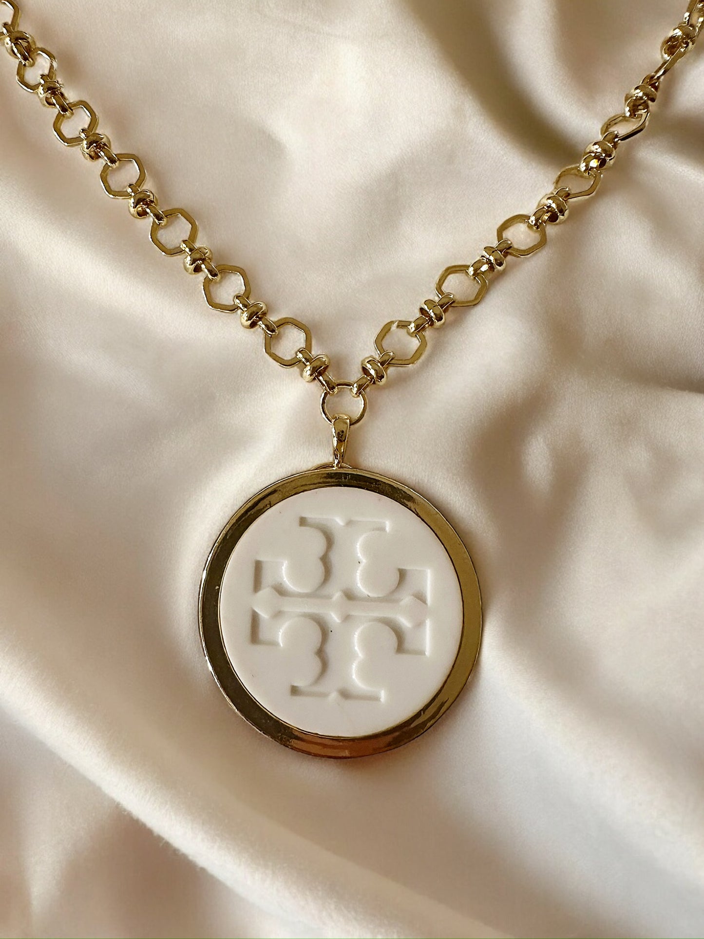 Vintage Designer Up-Cycled White Tori Burch Button Necklace