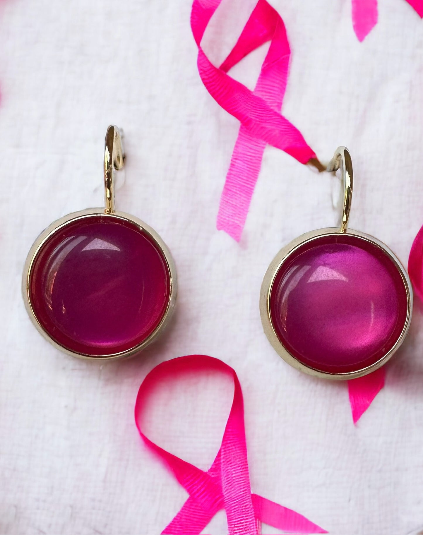 Breast Cancer Awareness Pink Up-cycled Button Drop Earrings