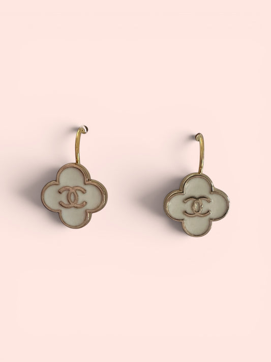Vintage Designer Up-Cycled White and Gold Chanel Fleur Button Earrings