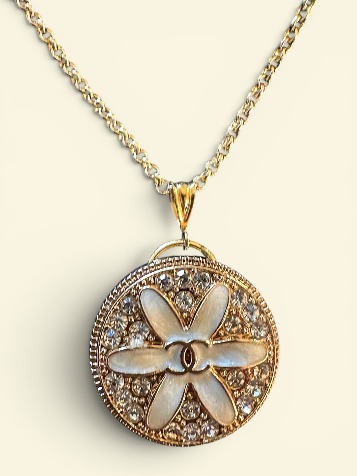 Vintage Designer Up-Cycled Rhinestone and Gold Chanel Button Necklace