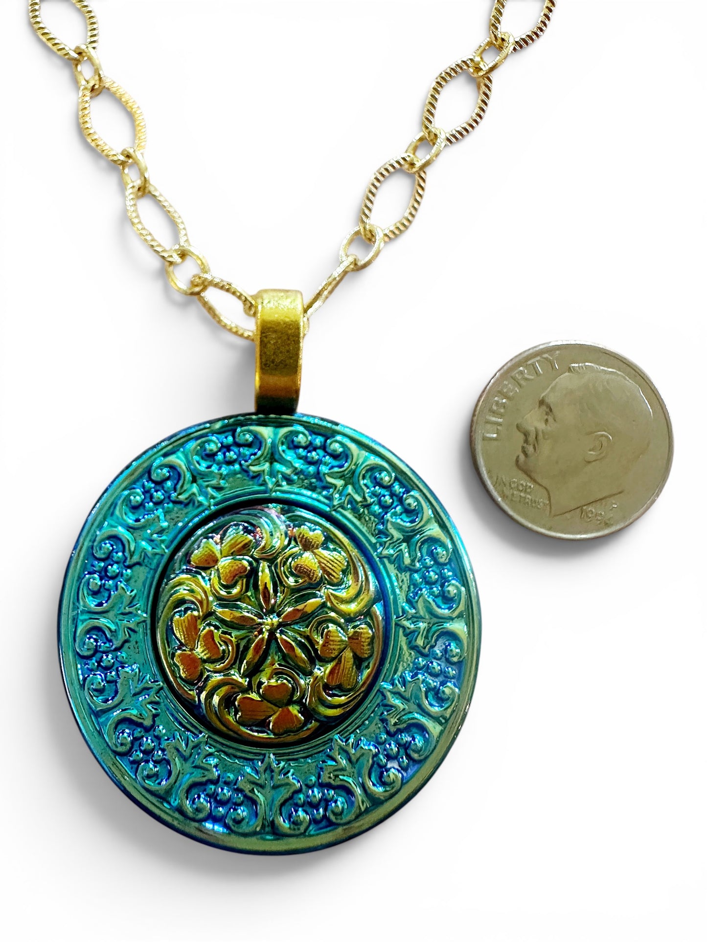 "Flower Magic" - Turquoise and Gold Czech Glass Button Necklace