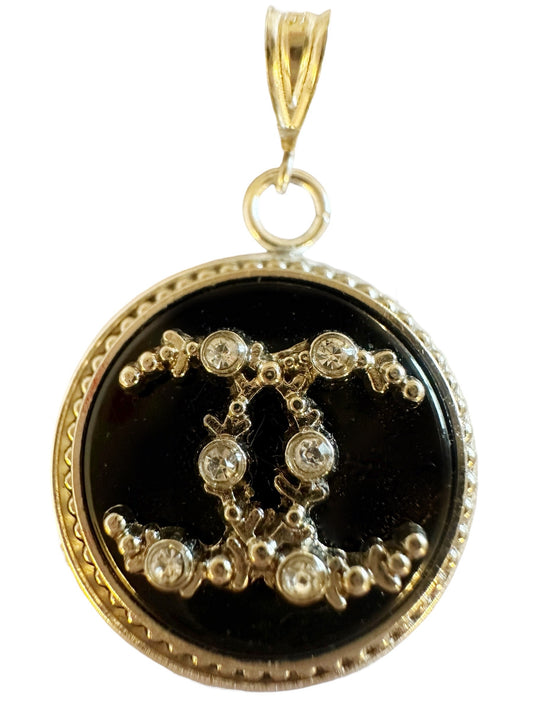 Chanel Black & Rhinestone Silver Button Pendant (with or without chain)