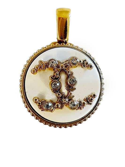 Chanel White & Gold Button Pendant with rhinestones (with or without chain)