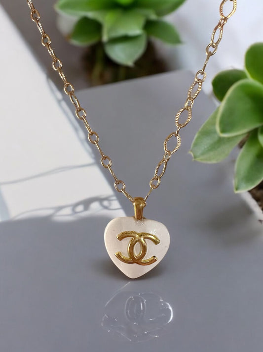 Luxury Designer Heart Shaped Button Necklace Ivory and Gold w Gold Filled Chain.