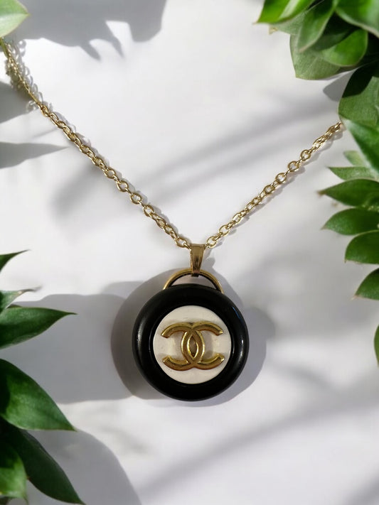 Vintage Designer Up-Cycled Black and White gold filled Button Necklace