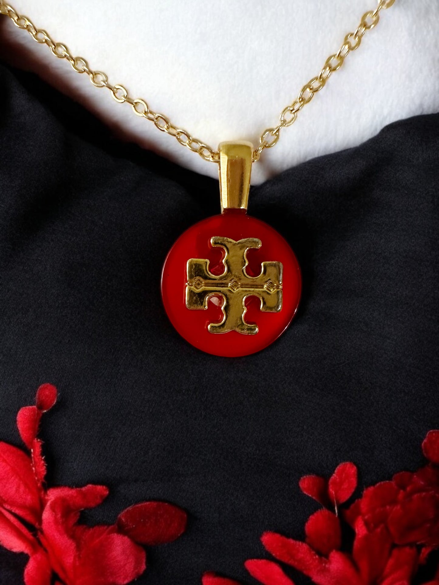 Vintage Designer Up-Cycled Red Tori Burch Button Necklace