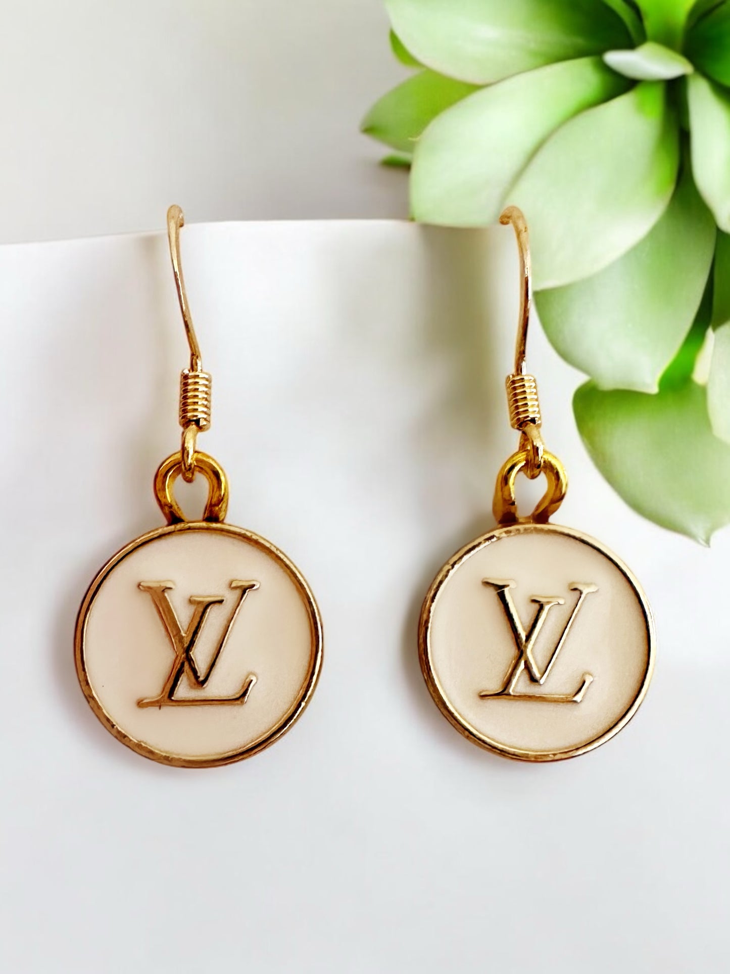 Vintage Designer Up-Cycled White and Gold Button Earrings