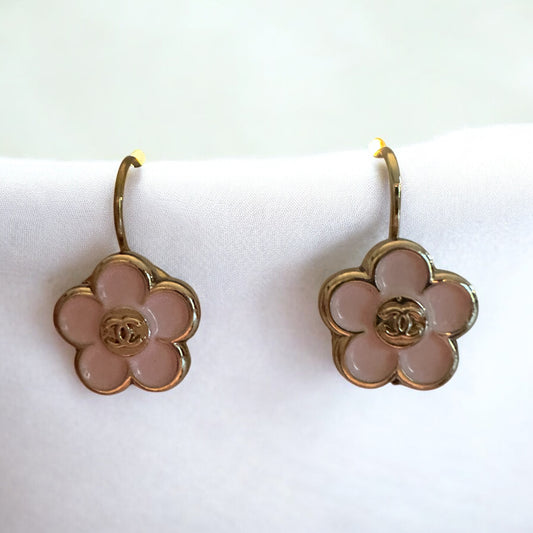 Vintage Designer Up-Cycled Pink and Gold Flower Chanel Lever-back Button Earrings
