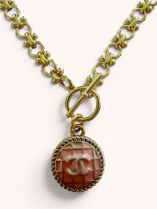 Chanel Salmon Pink Plaid Button Pendant (with or without chain)