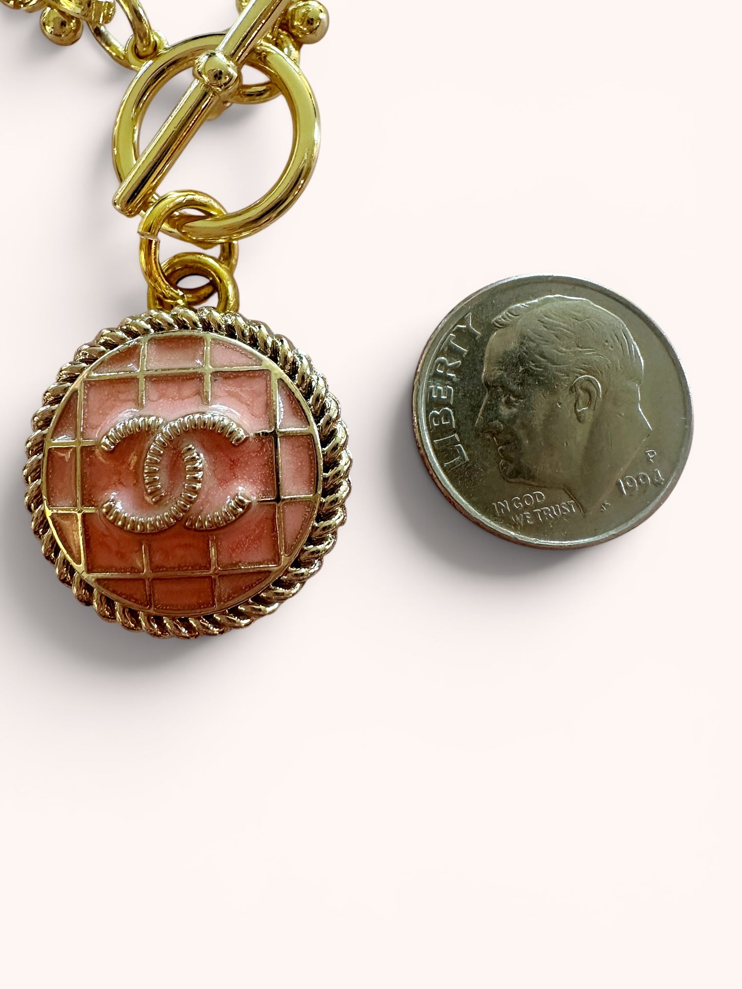 Chanel Salmon Pink Plaid Button Pendant (with or without chain)